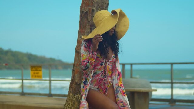 Sexy African girl in a bikini stands at a coconut tree with waves from the ocean in the background
