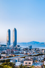High-view night view of the World Trade Twin Towers in Xiamen, Fujian, China