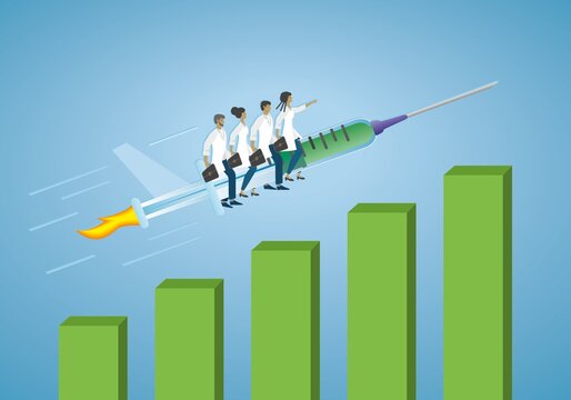 Health care people flying on vaccine rocket syringe. Graph going up. Increase in numers of vaccination or good business in pharmacy, health care business. Vector illustration. EPS10.
