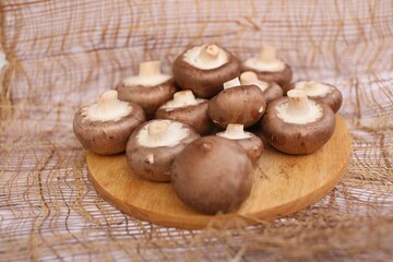 fresh mushrooms champignons on a board for cooking
