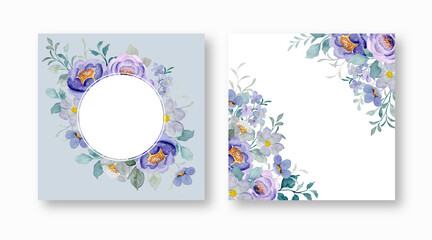 Set of purple floral frame with watercolor