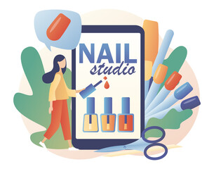 Manicurist service. Nail studio - text on smartphone screen. Beauty salon concept. Manicure master online registration in app. Different tools for manicure. Modern flat cartoon style. Vector