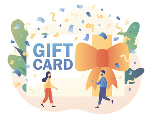 Naklejka premium Tiny people give gift certificate. Gift card, voucher or coupon. Promotion strategy concept. Sale, loyalty program, bonus, marketing. Modern flat cartoon style. Vector illustration on white background