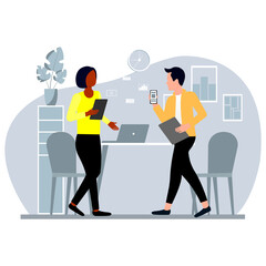 Vector illustration of a man and a woman working at home. Freelance.
