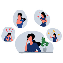 Vector illustration of a set of a girl with emotions of anger, love, crying, meditation