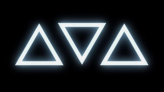 Three triangles in distorted glitch style. Modern technology futuristic video element. Design art concept. Creative bright animation for games.