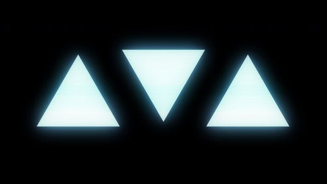 Three triangles in distorted glitch style. Modern technology futuristic video element. Design art concept. Creative bright animation for games.
