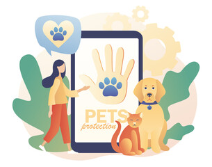 Hand and paw on smartphone screen as symbol support and love pets. Animal rescue and pet protection. Animal shelter. Wildlife protection and rescue. Modern flat cartoon style. Vector illustration 