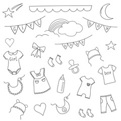 Set of illustrations of children's things on a white background. Hand-drawn icons for a children's card, poster, store, or social media design. Illustrations in doodle style or in line style