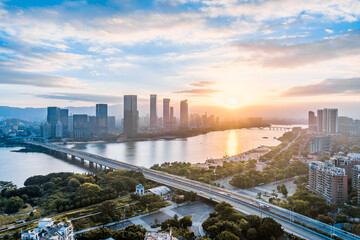Early morning scenery of CBD city along the Minjiang River in Fuzhou, Fujian, China 