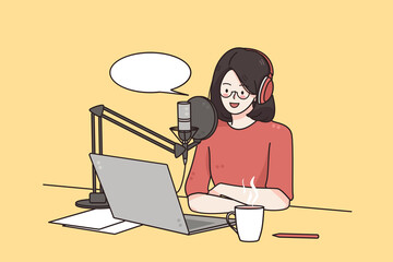 Podcaster making, blogger, technology concept. Young smiling Woman cartoon character sitting recording podcast on her laptop computer with headphones and microphone vector illustration 