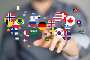 Global communication and international messaging concept, national flags of world