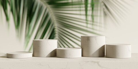  Product display podium with blurred tropical palm leaves on brown background. 3D rendering	