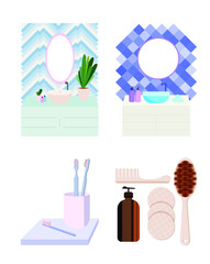 two bathroom interiors in colored tiles with a mirror and a curbstone and a set for body care on a white background.