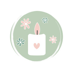 Cute logo or icon vector with romantic aroma candle with daisy flowers on circle with brush texture, for social media story and highlights