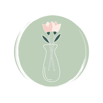 recommend clip art: Cute logo or icon vector with romantic vase with tulips on circle with brush texture, for social media story and highlights
