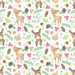 Seamless Pattern watercolor forest animals. Woodland baby animals print, cute cartoon,  wild life background. For digital paper, fabric, scrapbooking. Elk, deer, snake