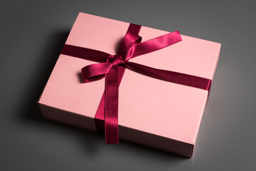 Pink gift box with a red ribon on a dark background.