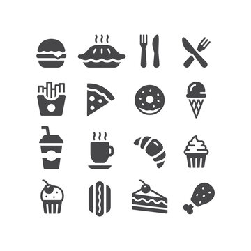 Fast food restaurant or diner vector icon set. Donut, burger, cake, soda black icons.