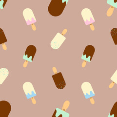 Seamless ice cream pattern. Vector illustration with colorfur ice cream.  Sundae on a brown background.