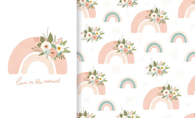 Set cute illustration and seamless pattern delicate spring rainbow with bouquet of flowers. Collection in hand drawn style in pastel colors for kids clothing, textiles, children's room design. Vector