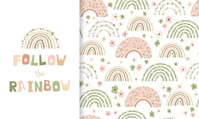 Set cute poster and seamless pattern delicate spring rainbow and flowers. Collection in hand drawn style in pastel colors for kids clothing, textiles, children's room design. Vector illustration