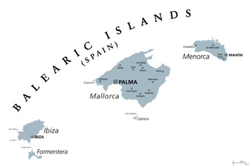 Balearic Islands, gray political map, with the main islands Mallorca, Ibiza, Menorca and Formentera. Archipelago of islands in Spain in Mediterranean Sea, near Iberian Peninsula. Illustration. Vector.