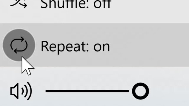 Mouse Cursor Slides Over And Clicks Replay Audio Video Button. Device Screen View of Cursor Clicking Repeat Music Song Track or Media File. Viewpoint.