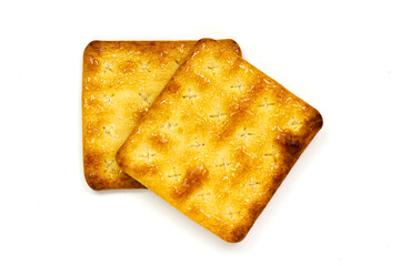 Top view of two crunchy cracker isolated on white background. 