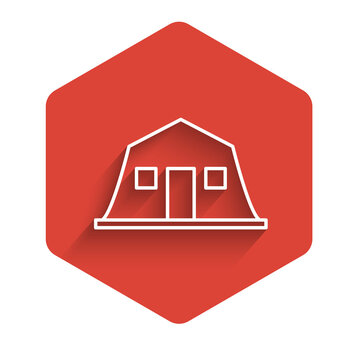 recommend clip art: White line Military barracks station icon isolated with long shadow. Airstrikes architecture army. Red hexagon button. Vector