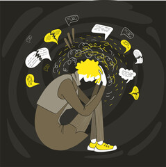 Vector illustration of philosophy. Psychological drama. Mental disorder. A woman in despair and stress holds her head with her hands. Scraps of her depressing thoughts are everywhere.