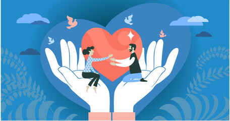 Vector illustration. The concept of social support, love, charity, protection and hope. People stretch out their hands to each other, sitting in abstract palms. Against the background of a big heart.