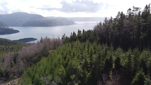 Drone Aerial View of Mountain and Fjord channels in Haugsland Norway