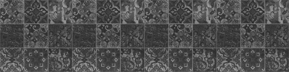 Seamless black anthracite gray vintage retro geometric square mosaic motif cement tiles texture...