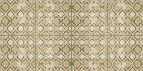 Yellow beige brown green traditional modern moroccan motif tiles wallpaper texture background - Square vintage retro concrete stone cement tiles wall with geometric pattern