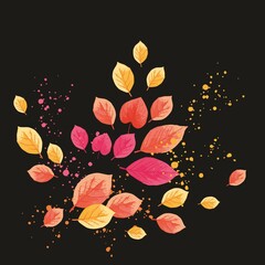 Collage of colorful bright leaves and splashes on a black background, hand-drawn.