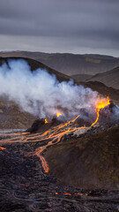 Lava flows from a small volcanic eruption in the Geldingardalur Valleys of Mt Fagradalsfjall, Southwest Iceland. The eruption occurred only about 30 km away from the capital of Reykjavík.