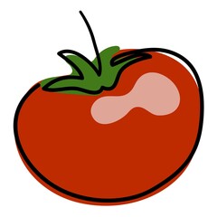 The tomato is drawn with a single black line. Doodle style. Under the main line is a red spot with a glare. Linear style. Stock vector illustration. Isolated objects. Simple vector illustration