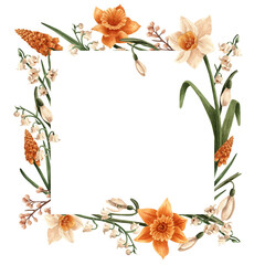 Frame with flowers. Watercolor illustration on white background isolated. Frame, an illustration for postcards, posters, textile design and other.