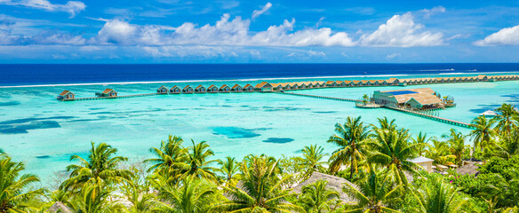 Tropical island paradise with white sandy beach shore, seaside and summer palm trees with sea horizon and luxury water villas, bungalows. Drone aerial view over Maldives islands. Sunny summer vacation