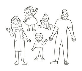 Family figurine set - father, mom, son, daughter and baby. Coloring book for children, Vector illustration in cartoon style, black and white isolated line art.