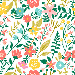 Vector floral pattern in doodle style with flowers and leaves. Gentle, spring floral background