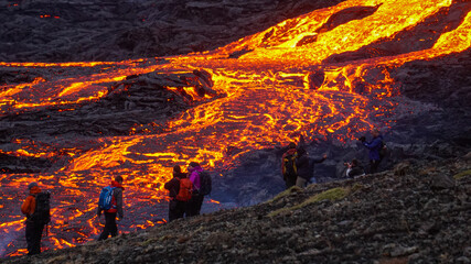 Lava flows from a small volcanic eruption in the Geldingardalur Valleys of Mt Fagradalsfjall, Southwest Iceland. The eruption occurred only about 30 km away from the capital of Reykjavík. © DanielFreyr