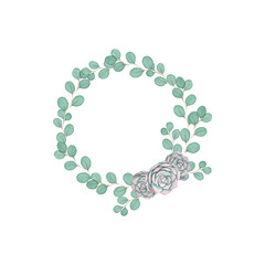 Watercolor succulent floral wreath with eucalyptus leaves. Hand drawn summer greenery illustration for wedding invitation, greeting card, logo design and other.