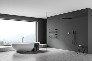 Fototapeta na wymiar Grey bathroom interior with shower, bathtub on concrete floor