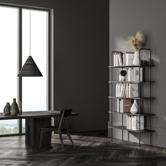 Grey living room interior with bookshelf and chair with table