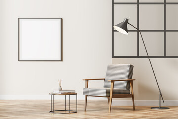 Bright modern waiting room interior with armchair and white poster