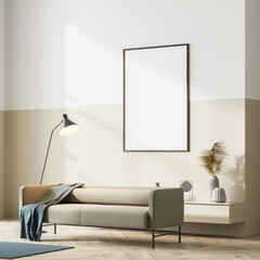 Corner view of bright living room interior with beige couch