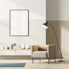 Bright contemporary waiting room interior with beige armchair and sideboard