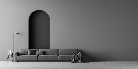 Living room interior with a grey sofa and empty wall